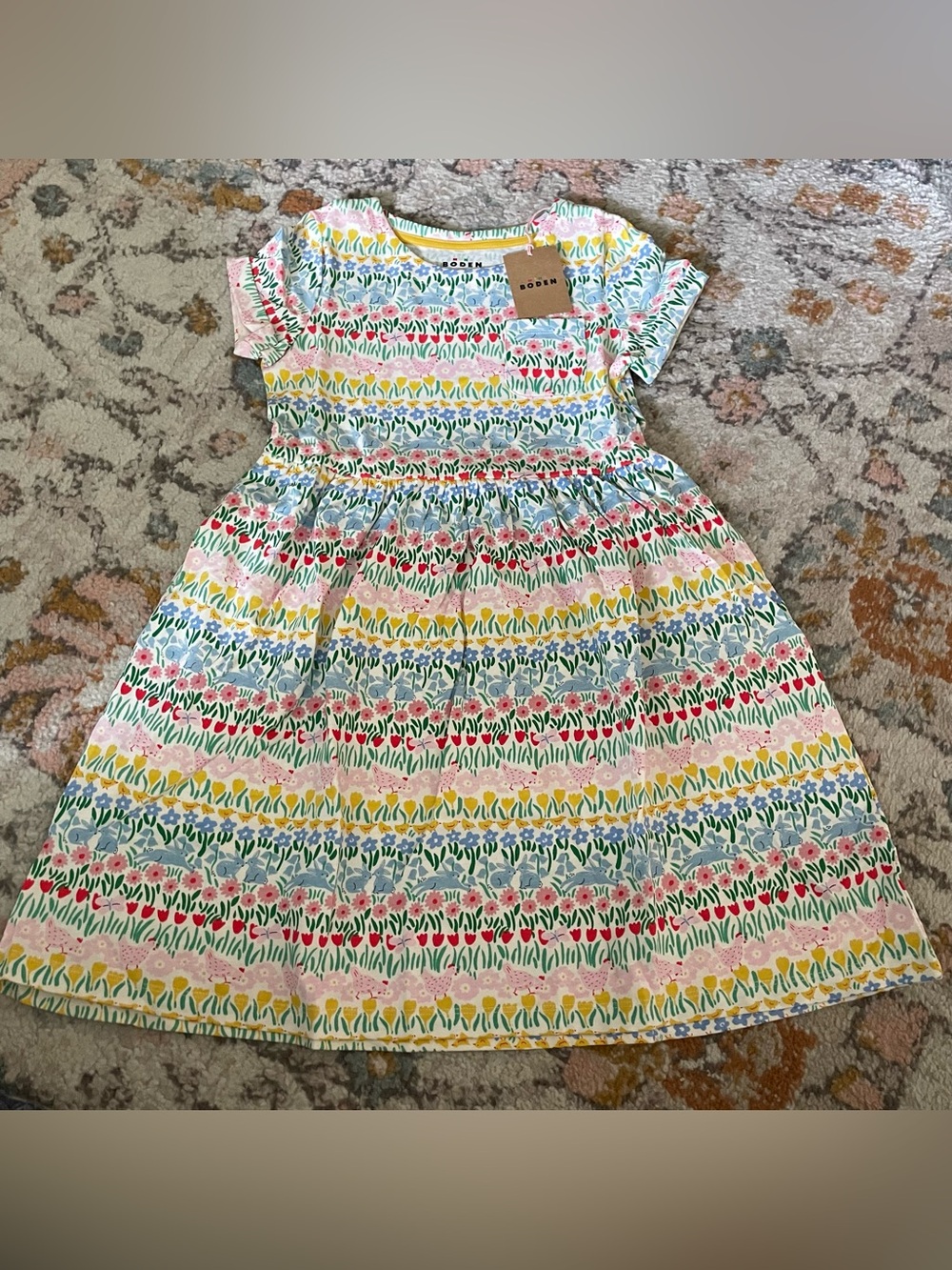 NWT Boden Girls' Floral Stripe Cotton Dress - Pink, Yellow, Blue, Green Animals